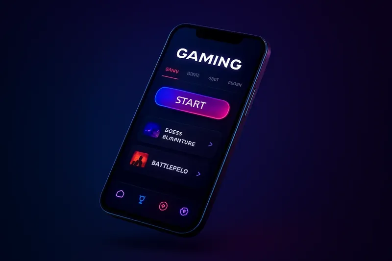 Sleek modern smartphone floating with premium gaming app UI and glowing screen