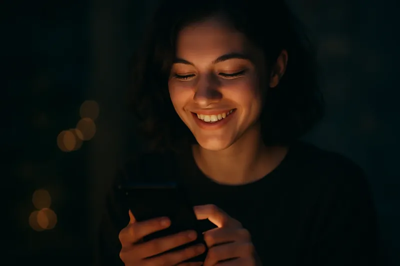 Young person smiling while tapping their phone with warm screen light and moody bokeh background