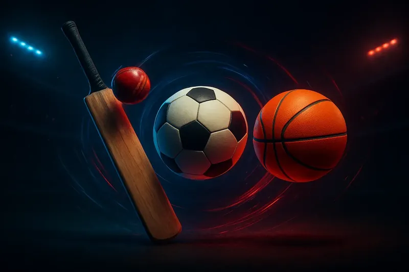 Cricket bat, football, and basketball floating with neon lighting on dark stadium background