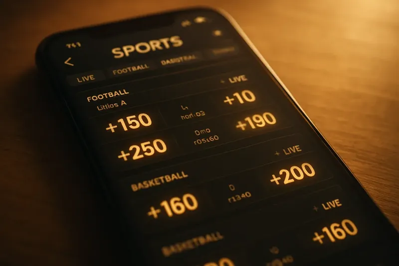 Close-up of sports betting app interface on smartphone with glowing odds and live score tickers
