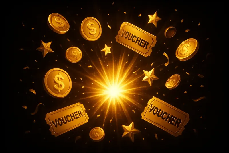 Golden coins, vouchers, and stars bursting with confetti on dark background