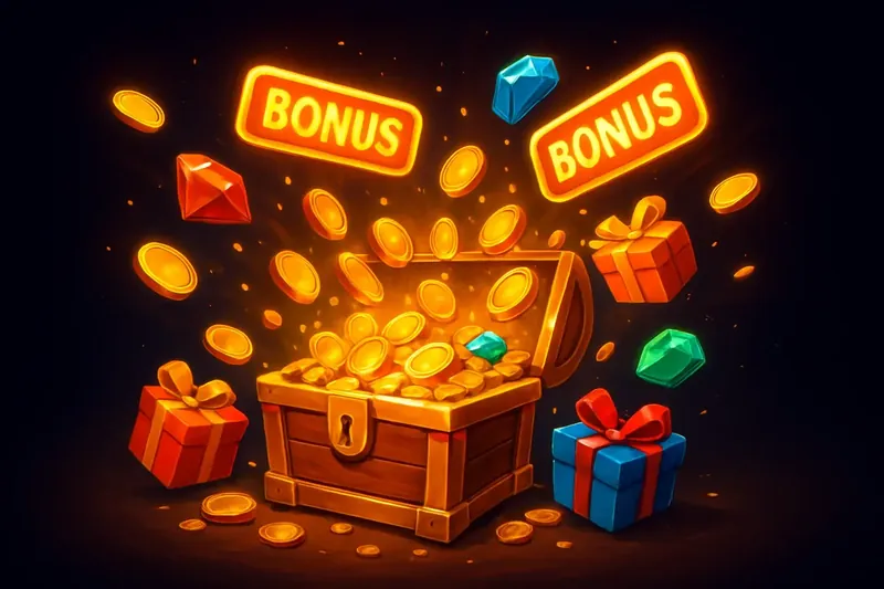 Golden treasure chest bursting with coins, gems, gifts, and glowing bonus tags on dark background