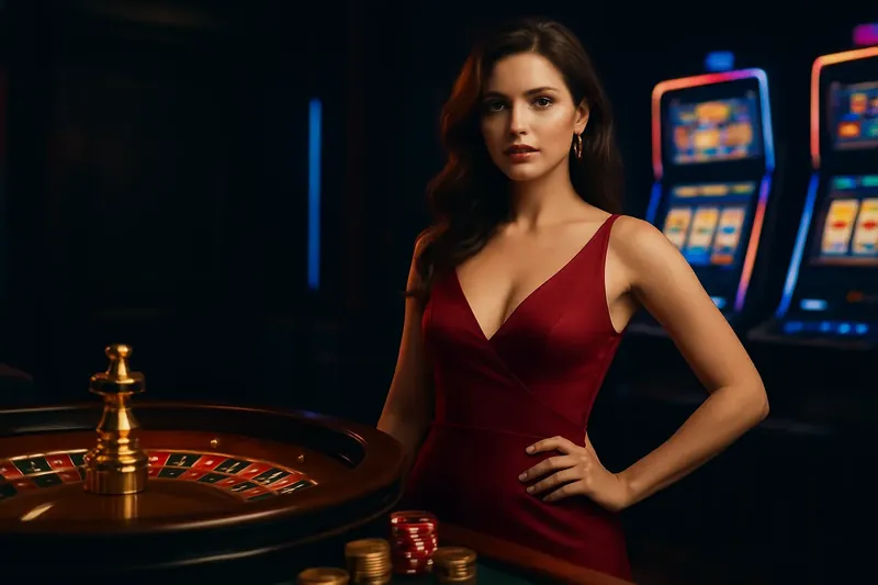 Beautiful woman in red dress standing by roulette and slot machines in luxury Bangladeshi casino with neon and gold accents