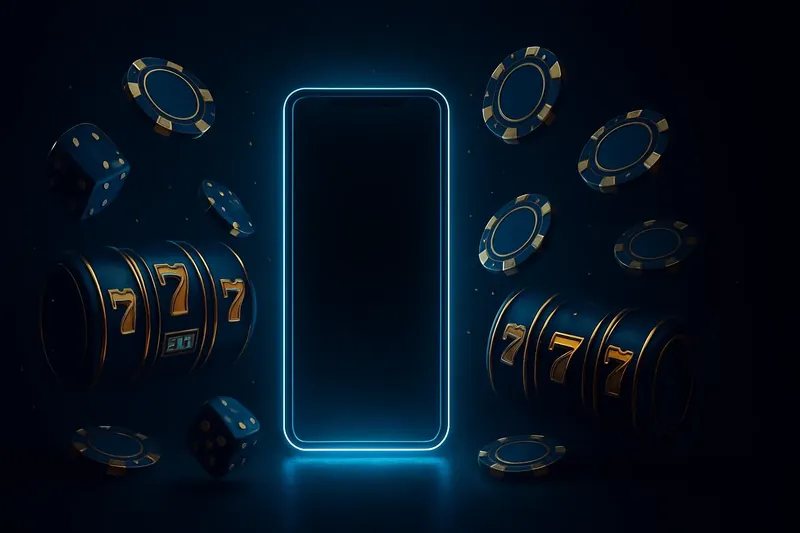 Panoramic banner with glowing smartphone, floating casino chips, slot reels, dice, and gold accents