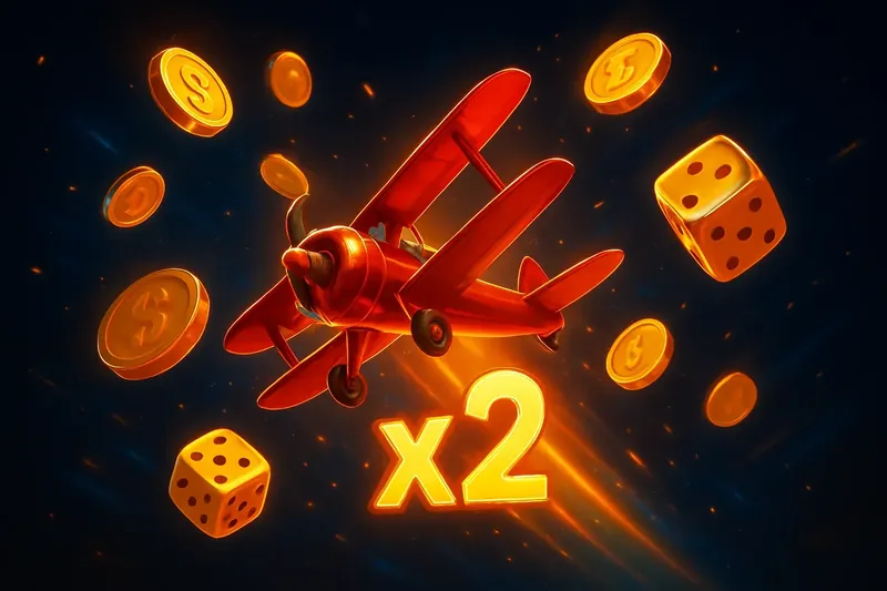 Red airplane soaring with multiplier trail, golden coins, dice, neon accents, digital art for instant games