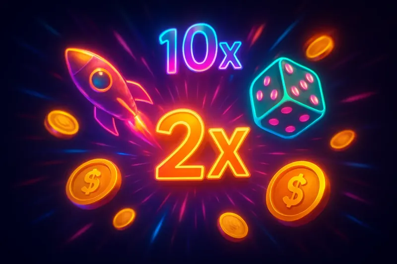 Colorful instant game icons with multiplier symbols, rocket, dice, and coins exploding in neon light on dark background