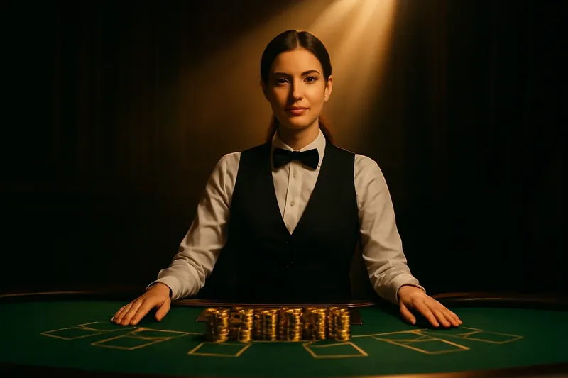 Professional female dealer at green felt casino table with golden chips under dramatic spotlight