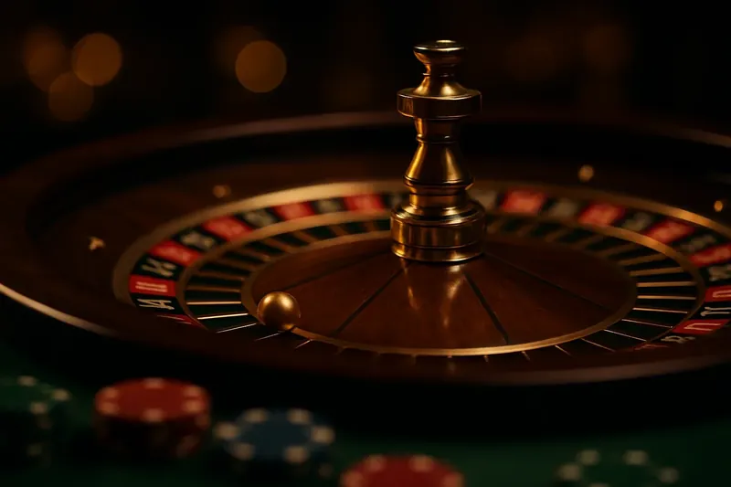 Close-up of spinning roulette wheel with golden ball, green felt, and scattered chips in a premium casino setting