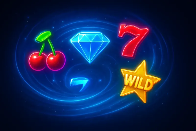 Cherries, diamonds, lucky sevens, and wild stars in neon swirl on dark background