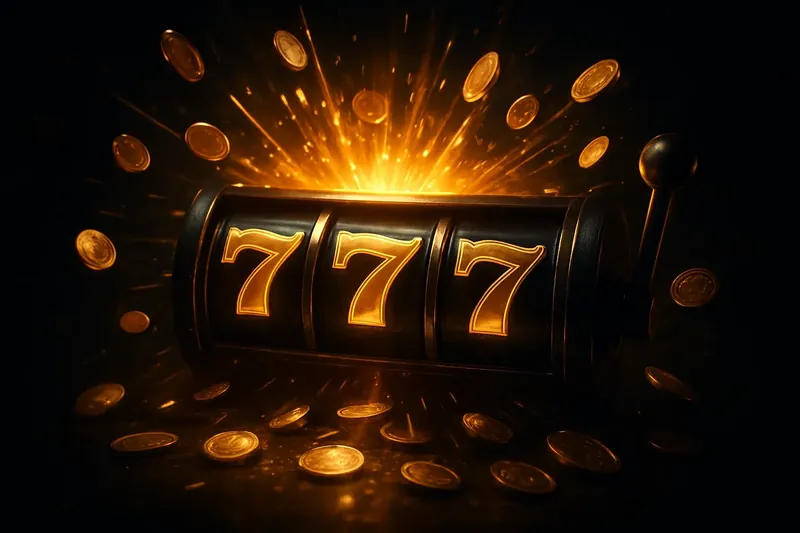 Slot machine reels with golden 777 symbols, coins, and neon gold lights on dark background